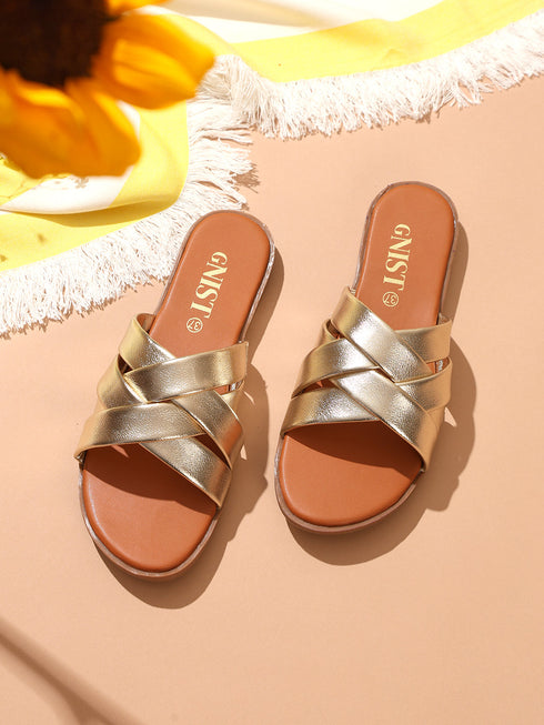 GNIST Comfy Strappy Slip on Gold Flats